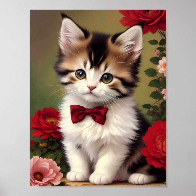 Niedlich Kitten mit einem roten Bow Poster (Vorne)