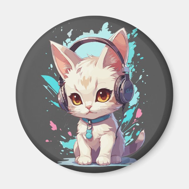 Niedlich Kitten mit Kopfhörer Magie Magnet (Vorne)