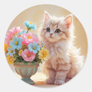 Niedlich Kitten mit Pastell-Blume Runder Aufkleber
