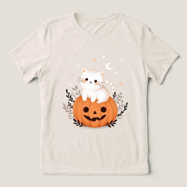 Niedlich Kitten on Pumpkin Halloween Illustration Tri-Blend Shirt (Design Vorderseite)