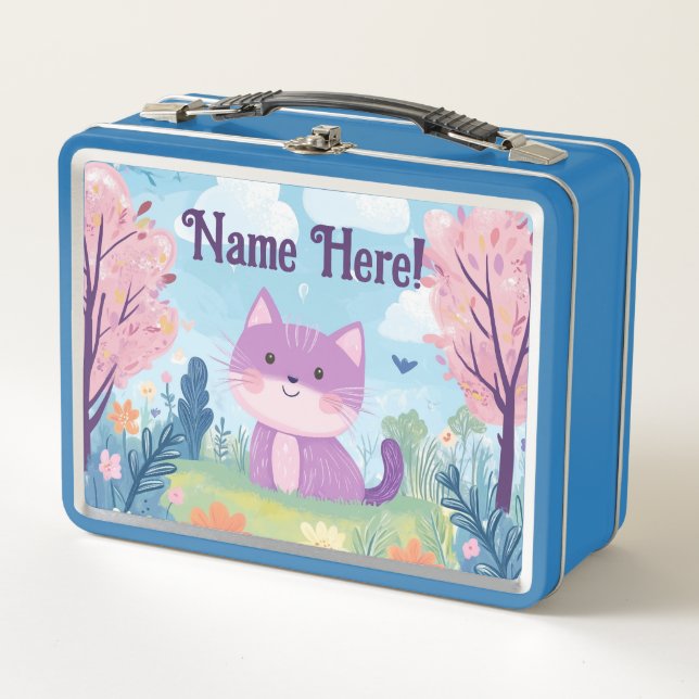 Niedlich Kitten Personalisierter Name Lila Katze Metall Brotdose (Vorderseite)
