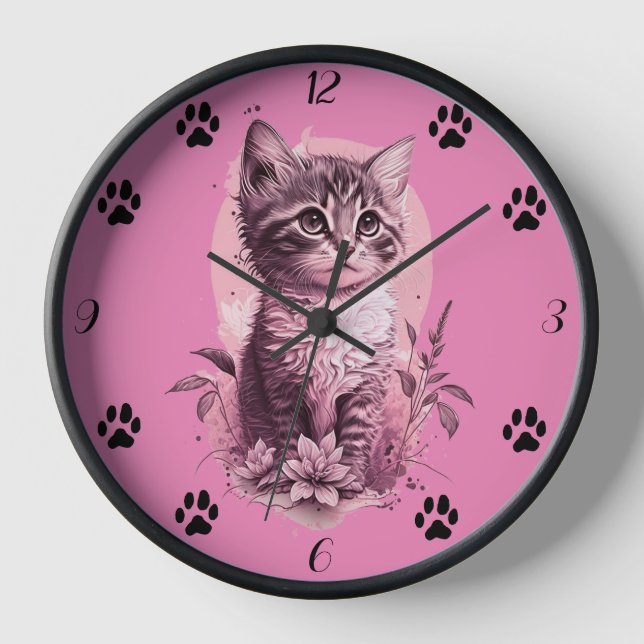 Niedlich Kitten Pink Wall Clock mit schwarzer Katz Uhr (Vorderseite)