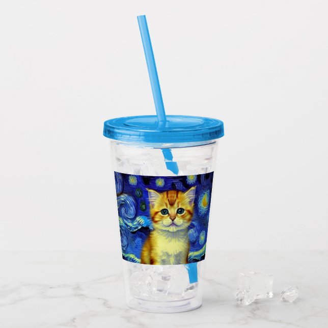 Niedlich Kitten Starry Night Van Gogh Acryltrinkbecher (Vorderseite Ice)