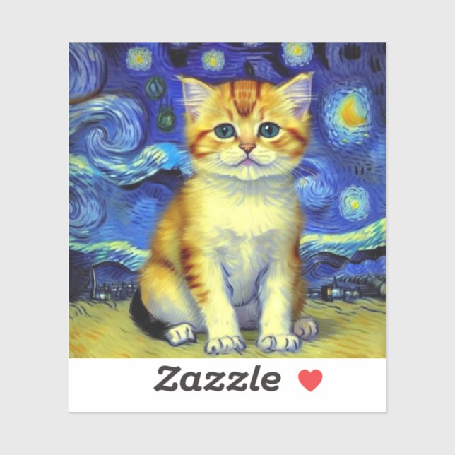 Niedlich Kitten Starry Night Van Gogh Aufkleber (Blatt)