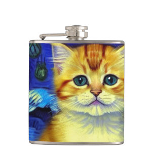 Niedlich Kitten Starry Night Van Gogh Flachmann