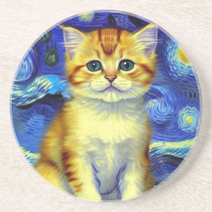 Niedlich Kitten Starry Night Van Gogh Getränkeuntersetzer