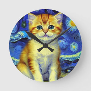 Niedlich Kitten Starry Night Van Gogh Runde Wanduhr