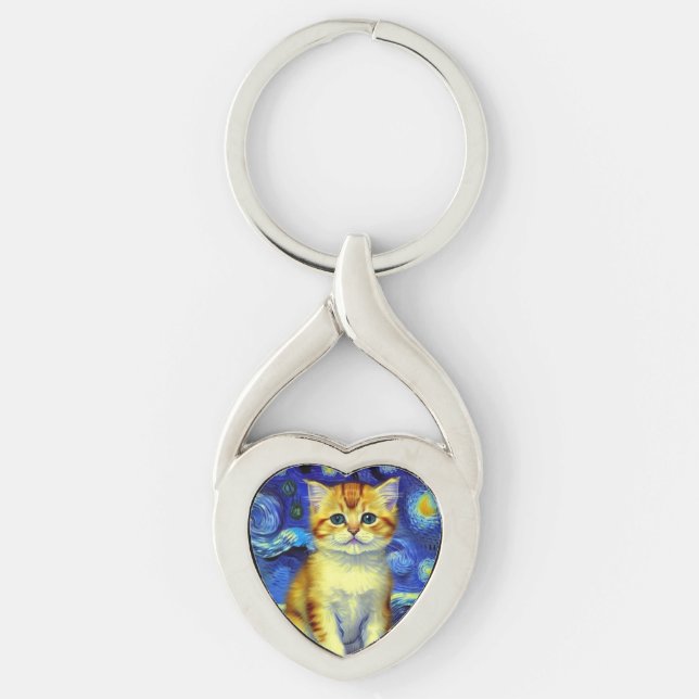 Niedlich Kitten Starry Night Van Gogh Schlüsselanhänger (Vorderseite)