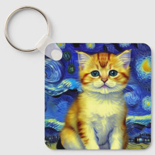 Niedlich Kitten Starry Night Van Gogh Schlüsselanhänger