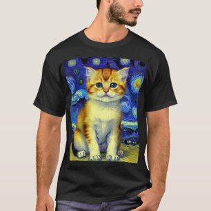 Niedlich Kitten Starry Night Van Gogh T-Shirt