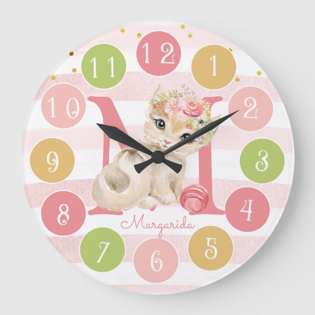 Niedlich Kitten Sweet Monogram Farbige große Uhr (Vorderseite)