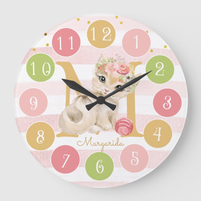 Niedlich Kitten Sweet Monogram Farbige große Uhr (Vorderseite)