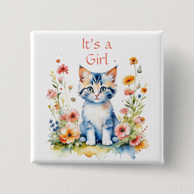 Niedlich Kitten Themed It's a Girl Button (Vorderseite)