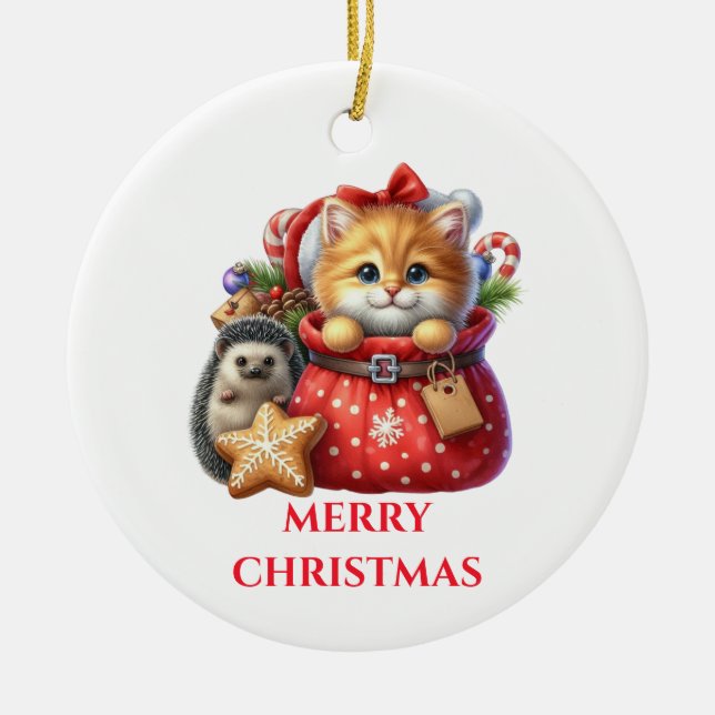 Niedlich Kitten und Igel Weihnachten Keramik Ornament (Vorne)