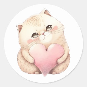 Niedlich Kitten Valentines Pink Heart Wasserfarbe Runder Aufkleber