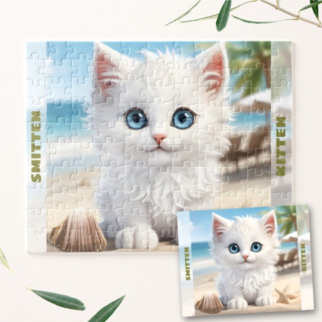Niedlich Kitten White Cat Beach Sommer Individuell (Cute Kitten White Cat Beach Summer Custom Name Jigsaw Puzzle)
