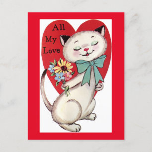 Niedlich Kitty Bringt Liebe & Blume Vintag Valenti Postkarte