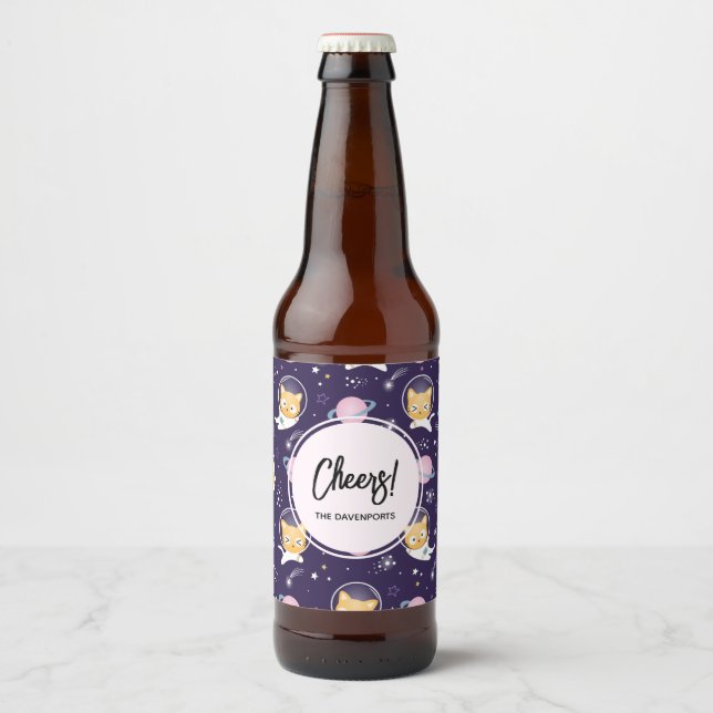 Niedlich Kitty Cat Astronauten Muster Bierflaschenetikett (Vorderseite)
