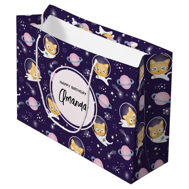 Niedlich Kitty Cat Astronauten Muster Große Geschenktüte (Vorderseite Schrägansicht)