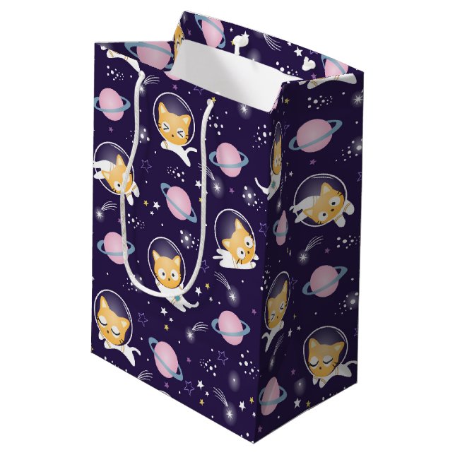 Niedlich Kitty Cat Astronauten Muster Mittlere Geschenktüte (Rückseite Schrägansicht)