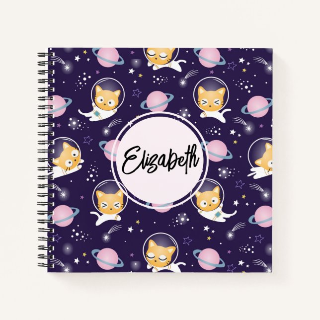 Niedlich Kitty Cat Astronauten Muster Notizbuch (Vorderseite)