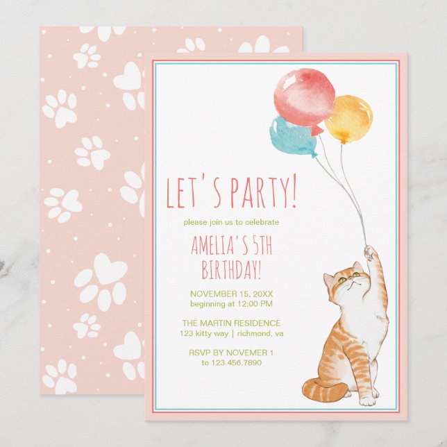 Niedlich Kitty Cat Balloons | Fun Pink Girls Gebur Einladung (Vorne/Hinten)