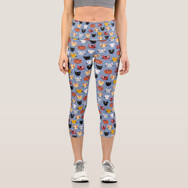 Niedlich Kitty Cat Blue Pattern Capri Leggings (Vorderseite)