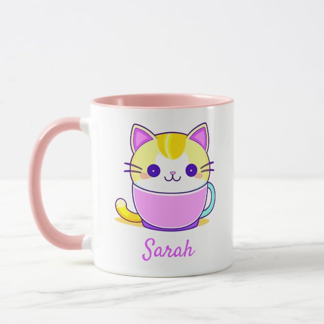 Niedlich Kitty Cat Kawaii Personalisierter Name Tasse (Links)