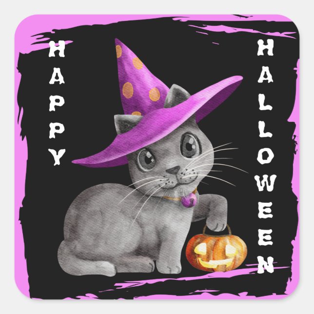 Niedlich Kitty Cat Kids Halloween Quadratischer Aufkleber (Vorderseite)