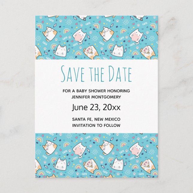 Niedlich Kitty Cat Pattern Whimsical Save the Date Einladungspostkarte (Vorderseite)