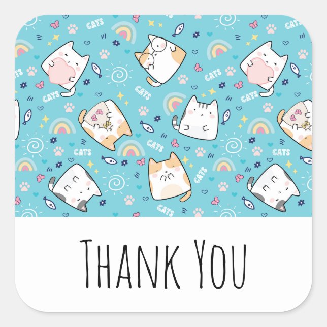 Niedlich Kitty Cat Pattern Whimsical Vielen Dank Quadratischer Aufkleber (Vorderseite)