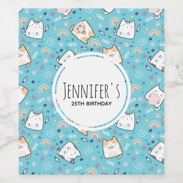 Niedlich Kitty Cat Pattern Whimsical Weinetikett (Einzelnes Label)