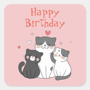 Niedlich Kitty Cat Pink Happy Birthday Quadratischer Aufkleber