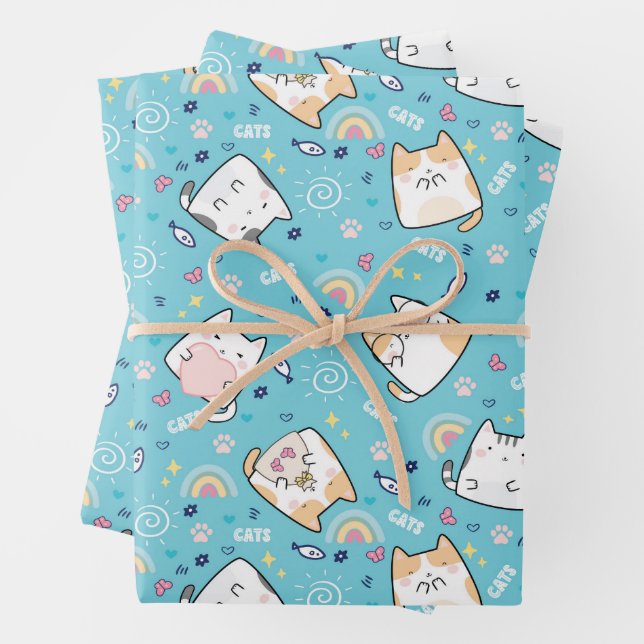 Niedlich Kitty Cat Whimsical Pattern Geschenkpapier Set (Beispiel)