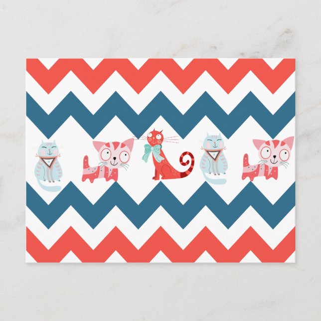 Niedlich Kitty Cats Blue Coral Zickzack Stripes Mu Postkarte (Vorderseite)