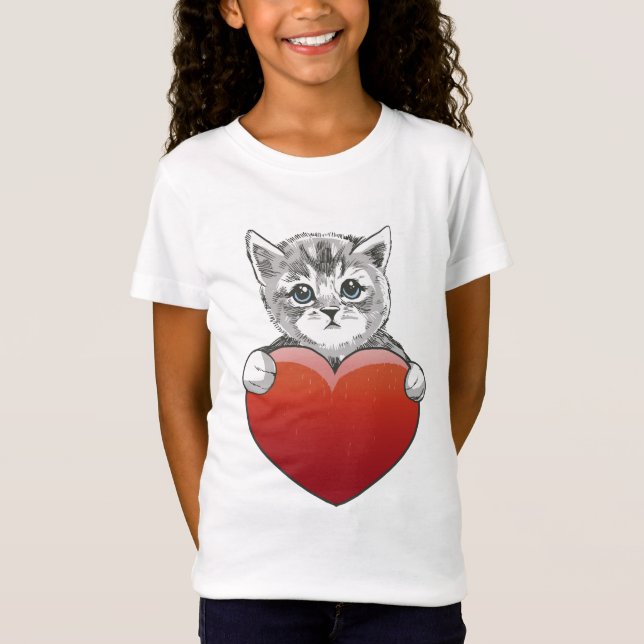 Niedlich Kitty Face Cat Red Heart T-Shirt (Vorderseite)
