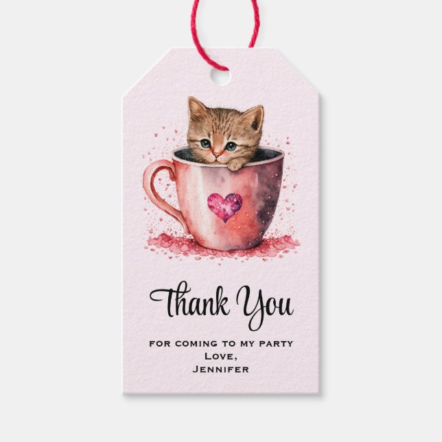 Niedlich Kitty in a Teacup with Hearts Party Viele Geschenkanhänger (Vorderseite)