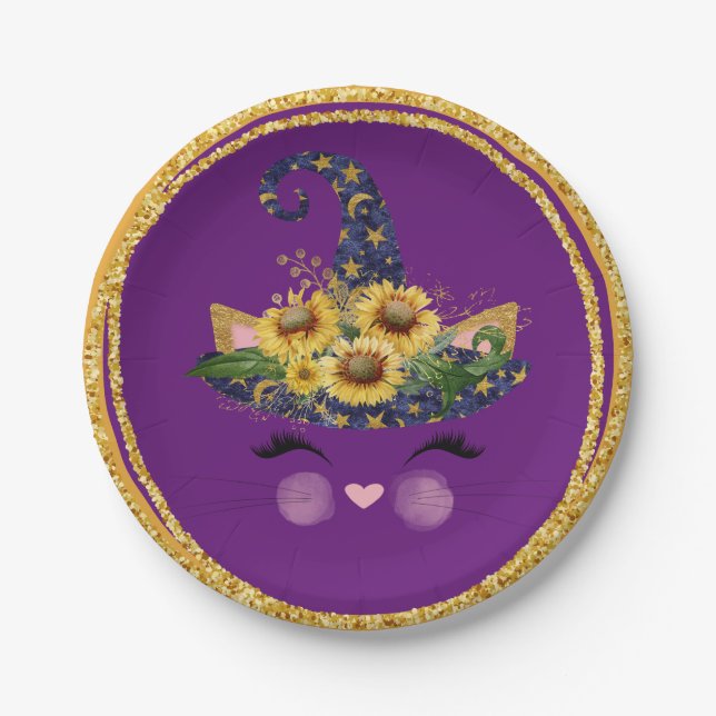 Niedlich Kitty Witch Glittery Halloween Pappteller (Vorderseite)