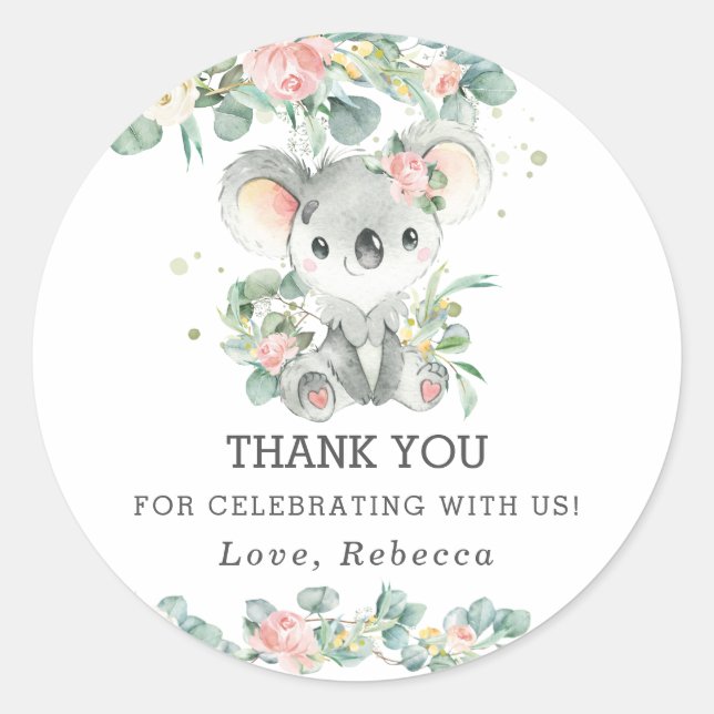 Niedlich Koala Eucalyptus Pink Floral Vielen Dank Runder Aufkleber (Vorderseite)