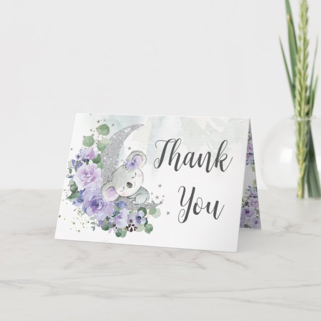Niedlich Koala Lila Floral Moon Babydusche Geburts Dankeskarte (Vorderseite)