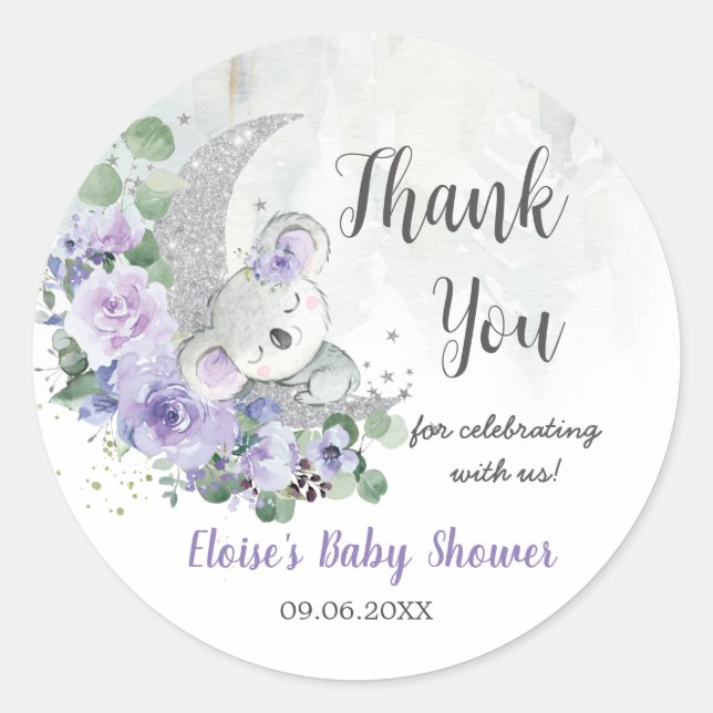 Niedlich Koala Lila Floral Moon Babydusche Geburts Runder Aufkleber (Vorderseite)