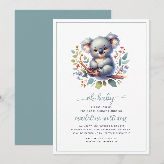 Niedlich Koala Oh Baby Dusche Einladung (Vorne/Hinten)