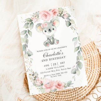 Niedlich Koala Pink Blumenweide Grüne Geburtstag Einladung