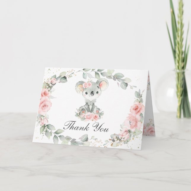 Niedlich Koalas Pink Blumengrün Girl Babydusche Dankeskarte (Vorderseite)