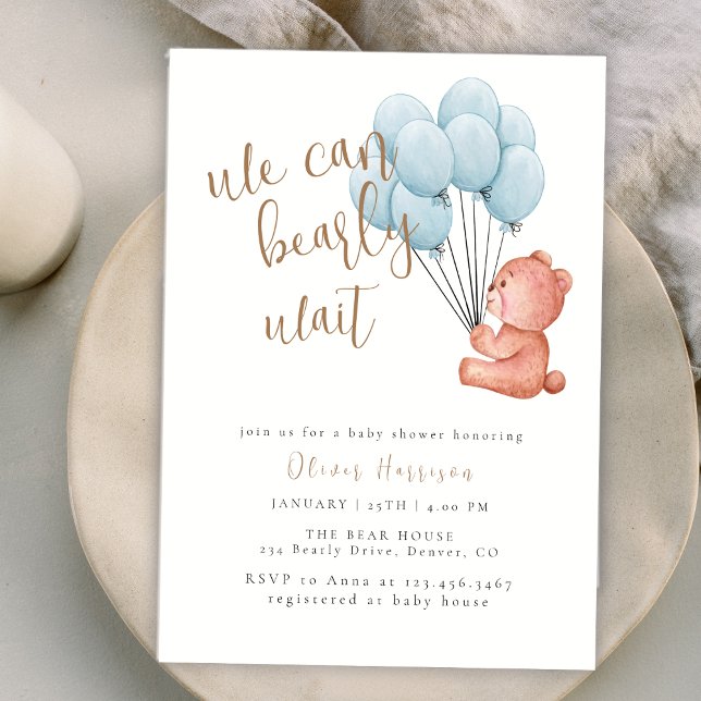 Niedlich können wir frühzeitig warten Blue Balloon Einladung (Cute We Can Bearly Wait Blue Balloon Baby Shower Invitation)