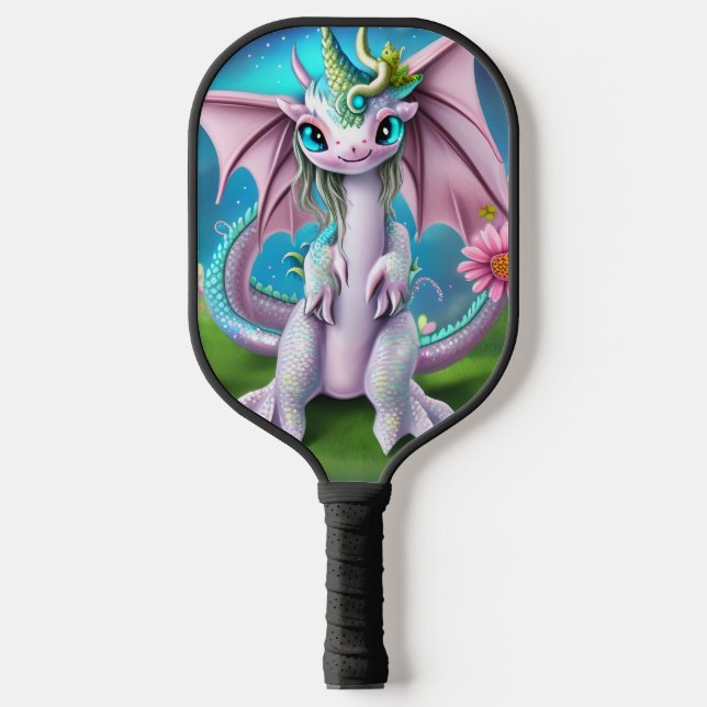 Niedlich Lächeln Baby Dragon mit Blume Poster Pickleball Schläger (Vorderseite)