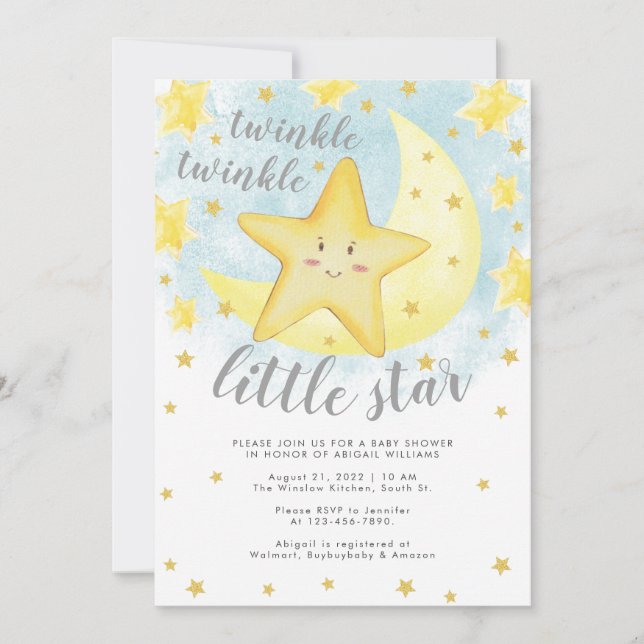 Niedlich Lächeln Gold Twinkle Little Star Baby Dus Einladung (Vorderseite)