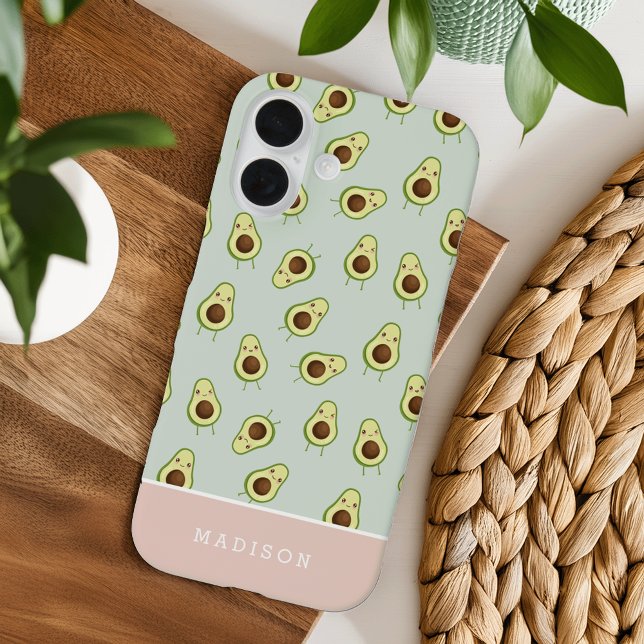Niedlich Lächeln Kawaii Avocado Muster Personalisi iPhone 16 Hülle (Von Creator hochgeladen)