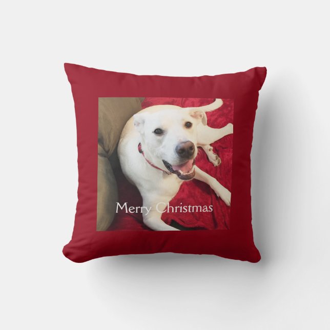 Niedlich Lächeln White Puppy Dog Weihnachten Rot Kissen (Vorderseite)
