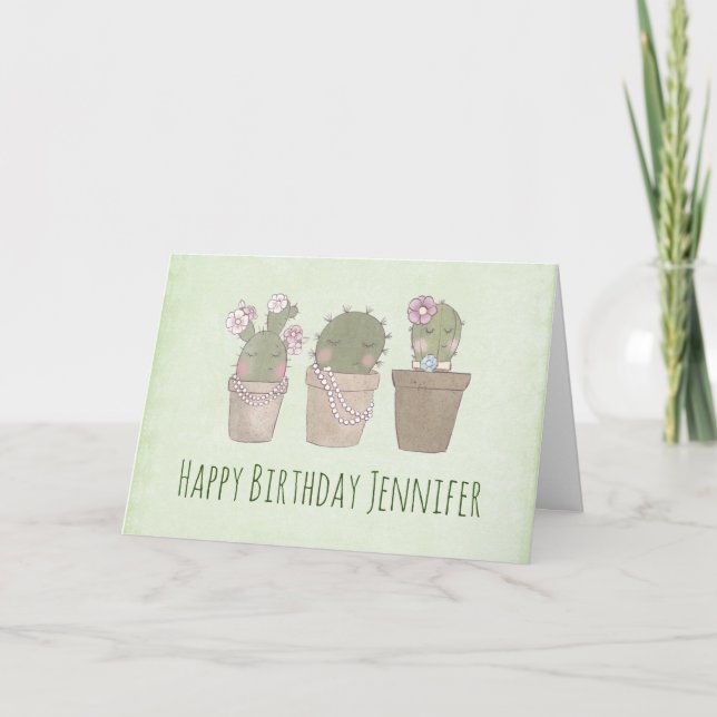 Niedlich Lächelnd Cactus Trio Watercolor Geburtsta Karte (Vorderseite)